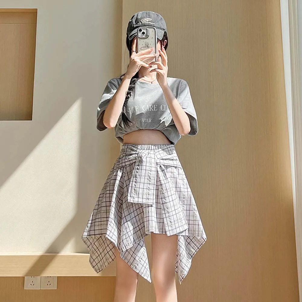 Women Skirts A Line Elastic Waist Strap Ties Irregular Plaid Half Length Skirt Female Short Skirt Woman Summer