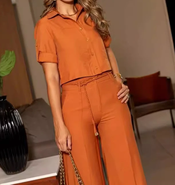 Two Piece Set Women Outfit 2024 Summer Fashion Turn-down Collar Short Sleeve Top & Casual Commuter High Waist Wide Leg Pants Set