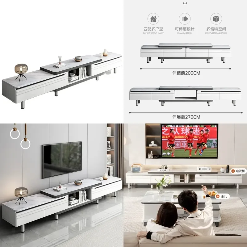 Modern Extendable Sintered Stone TV Stand Coffee Table Combo Minimalist Floor Cabinet for Small Living Room Apartment