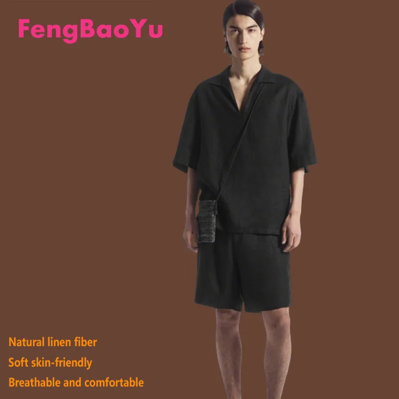 

Fengbaoyu Мужская рубашка из 100% элитного льна — весенне-летний топ с короткими рукавами — элегантная, модная, повседневная, роскошная одежда