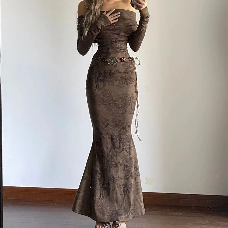 Fashion Brown Off Shoulder Dress for Women Summer Slim Waist Bodycon Fish Tail Dresses Y2k E-Girl Long Sleeve Vestidos Mujer