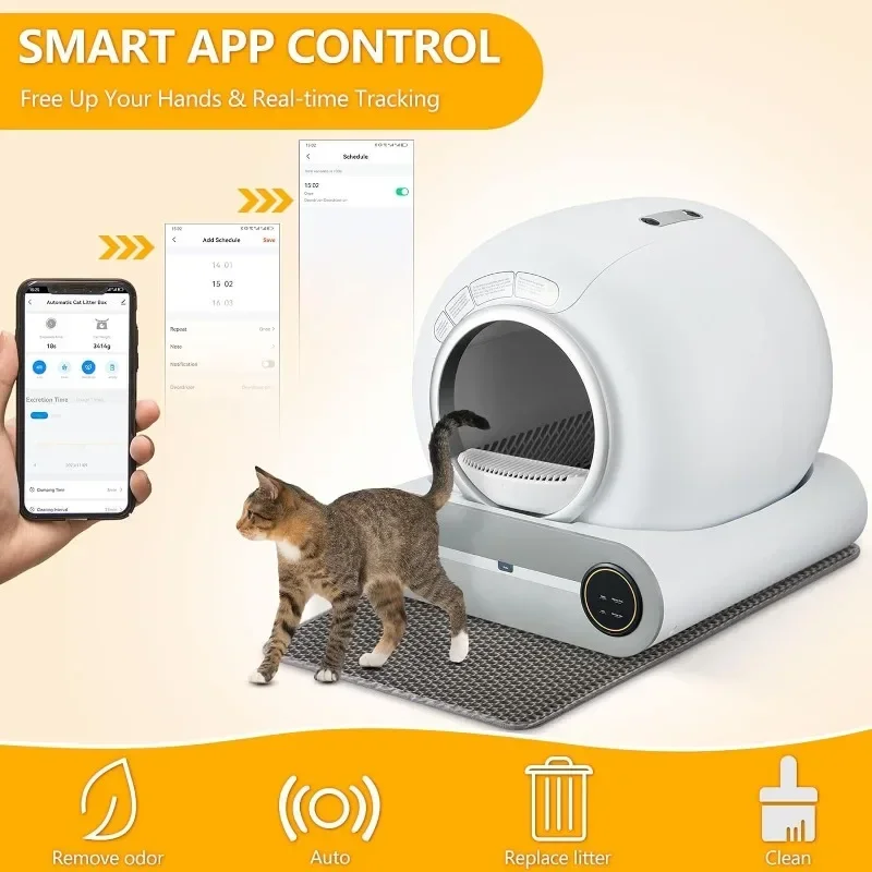 AMOBOX-Self-Cleaning Cat Litter Box Tray,No Scooping Automatic, Large Capcity, Safety Protection, Odor Removal, App Control