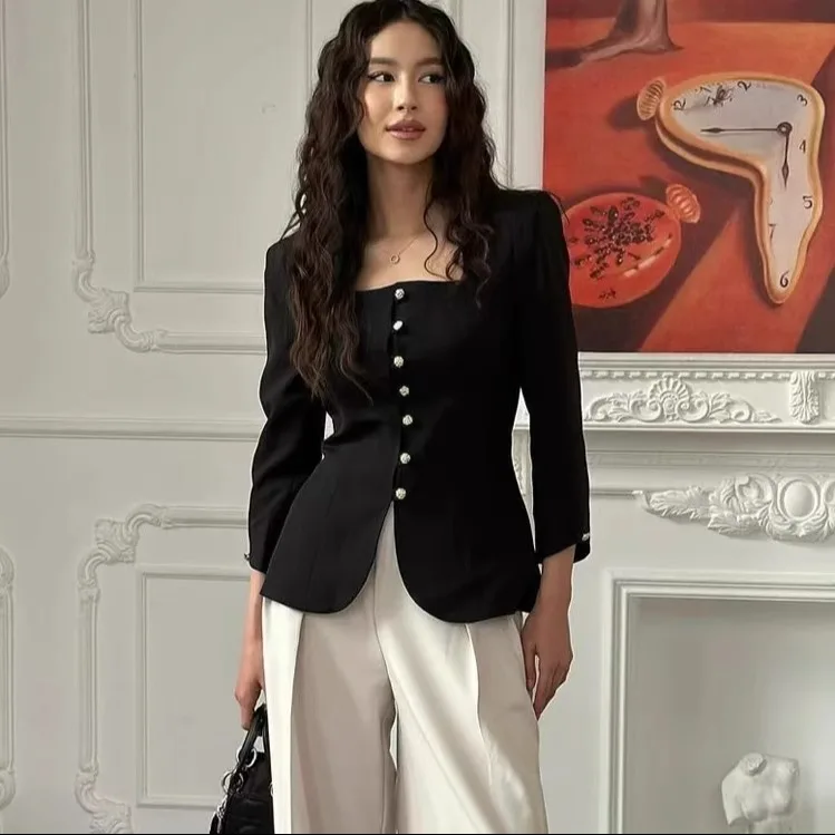 Gola quadrada slim fit jaet outono pequena fraança sle feminino faion commute sle regular sve comprimento cor pura