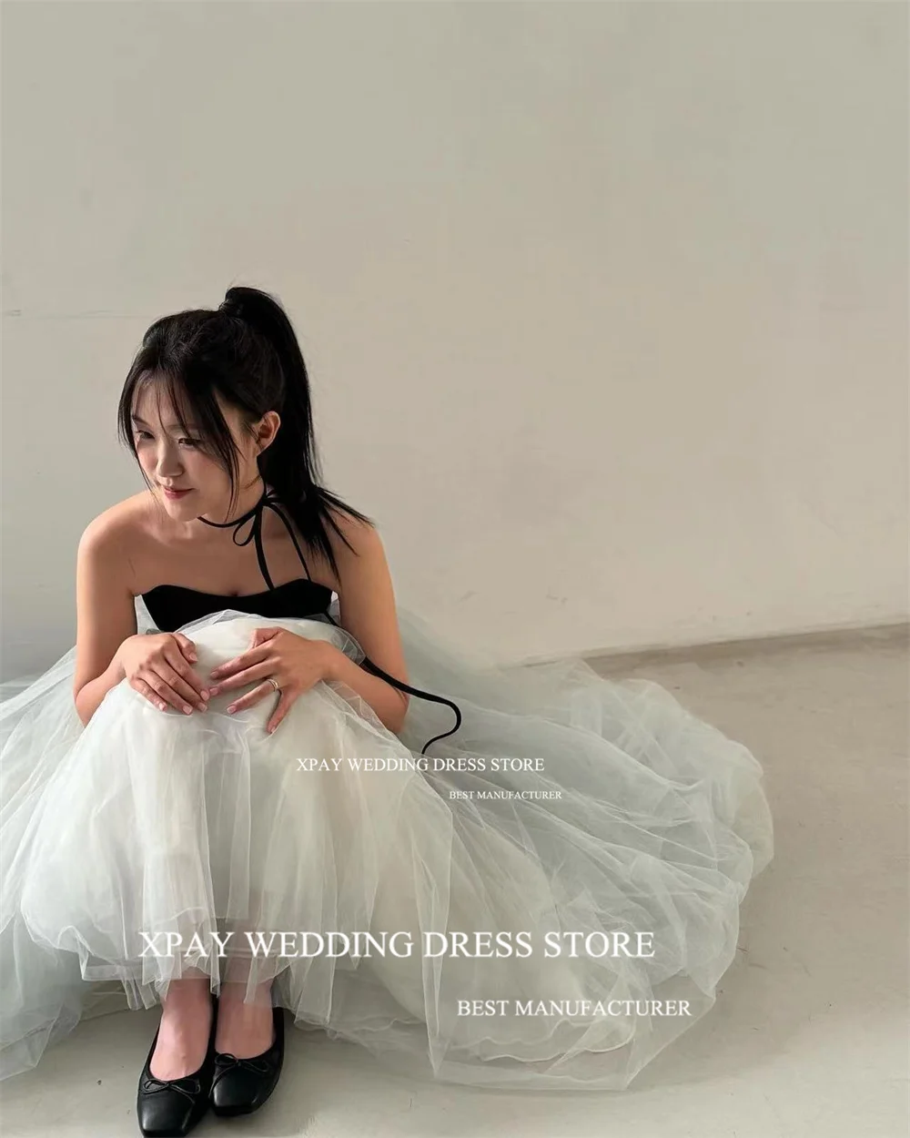 XPAY Sweetheart Black Top Korea A Line Evening Dresses Organza Wedding Photos Shoot Sleeveless Backless Custom Prom Party Gown