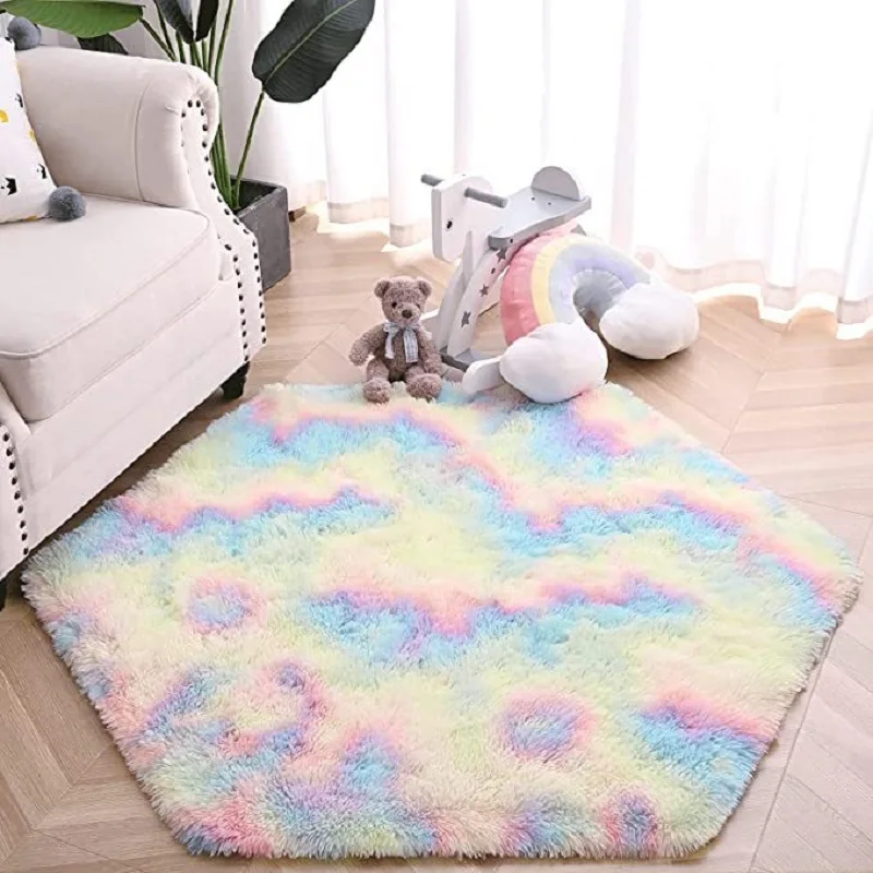 

120x140cm Fluffy Rainbow Hexagon Rug Hexagonal Princess Tent Rug Kids Mat Baby Play Climbing Floor Mat Bedroom Soft Shag Rug