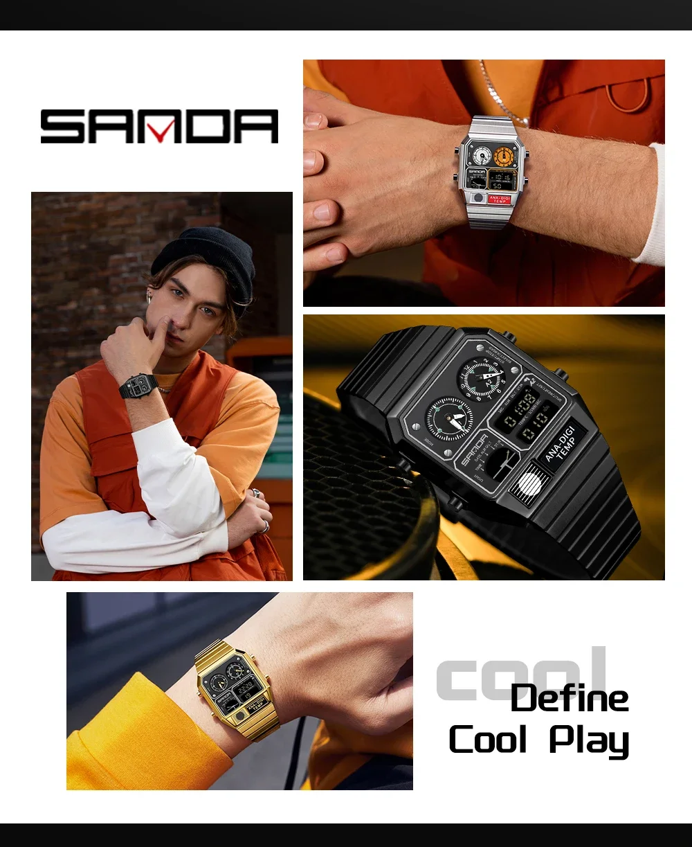 SANDA 3192 Quadratische elektronische Uhr für junge Männer, lässige multifunktionale Armbanduhr mit Thermometer, Stoppuhr, Chronograph – Detail 18