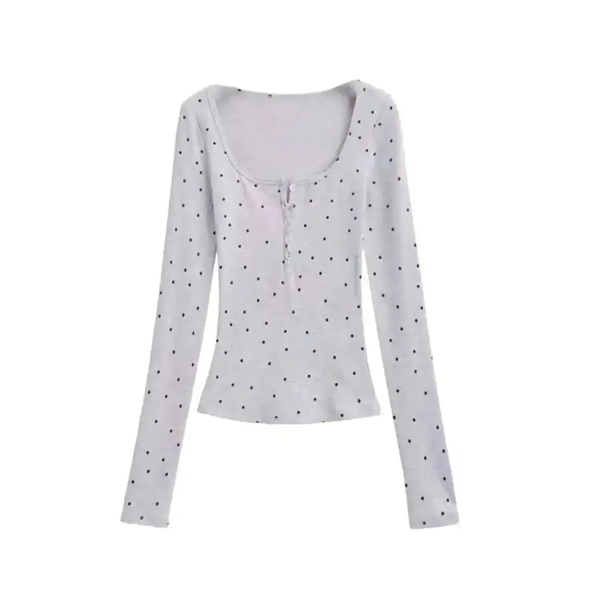 

Hot Girl Square Neck Polka Dot Long Sleeve T-shirt Women Spring Autumn Short Fit Slimming Versatile Button Gray Top