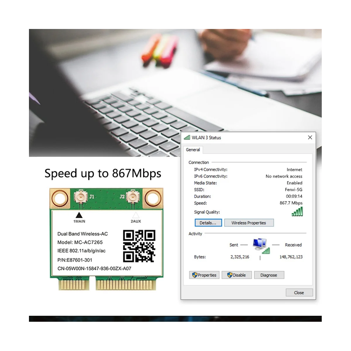 노트북용 무선 MC-AC7265 듀얼 밴드 미니 PCI-E 와이파이 카드, 블루투스 4.2, 802.11Ac 듀얼 밴드 2.4G, 5Ghz 어댑터, 1200Mbps