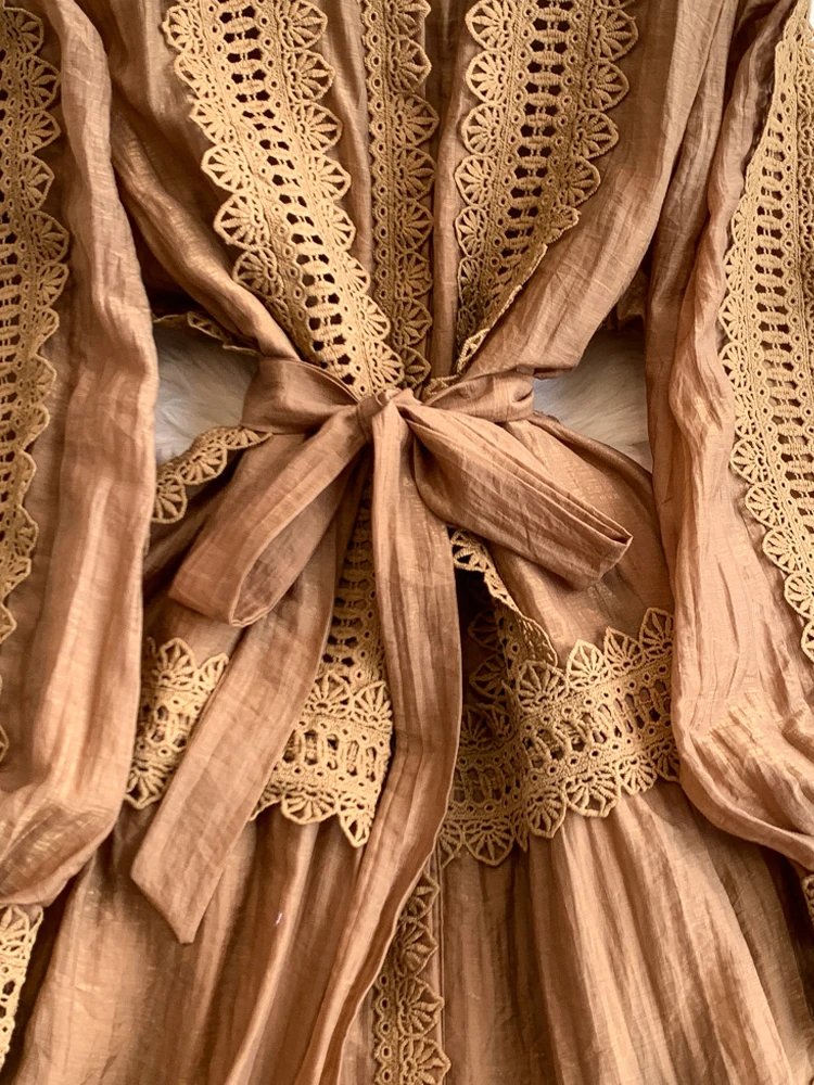 Luksusowa damska sukienka koszulowa z koronkowymi wstawkami i szarfami Elegancka biała sukienka midi z długim rękawem 2025 New Beach Ladies INKEO 5D159