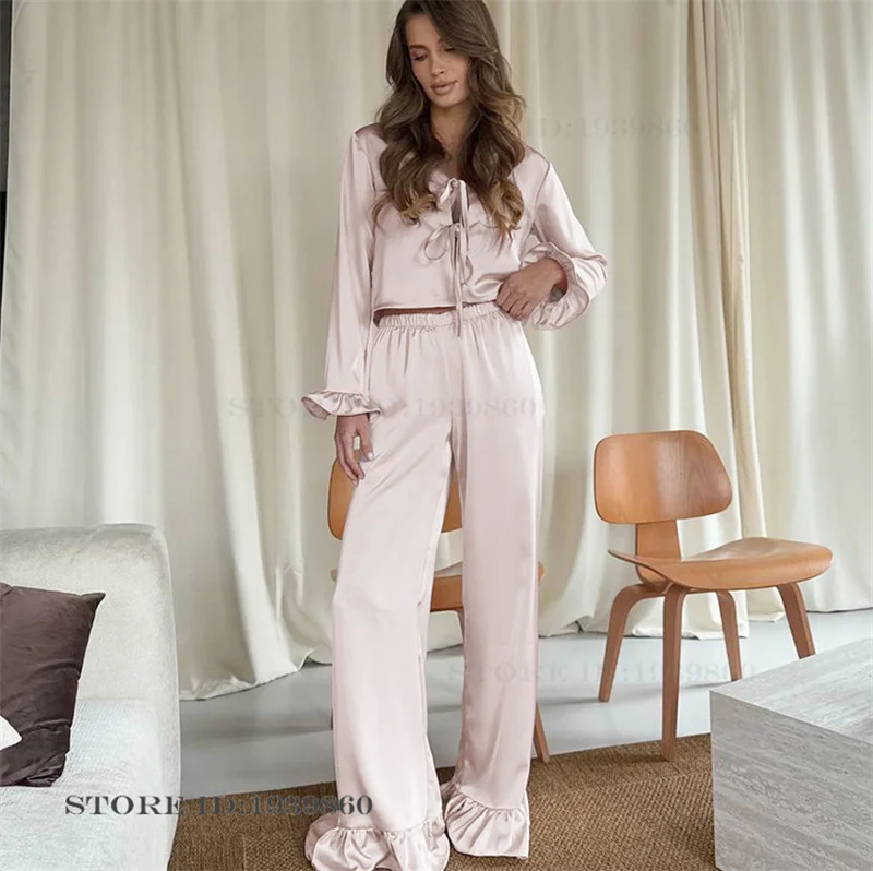 

Sweet Princess Style Pajams Set Loungewear Pink Satin Ruffle Long Sleeve Trouser Suit Pijamas Loose Casual Homewear Sleepwear