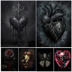 Black Heart With Dagger Vintage Wall Art Poster Botanical Floral Skull And Gothic Moth Canvas Painting Dark Cottagecore Decor