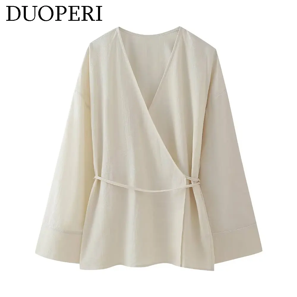 DUOPERI Women Fashion Loose Kimono Blouse V-Neck Long Puff Sleeves Feamle Chic Lady Casual Vintage Tops Shirt