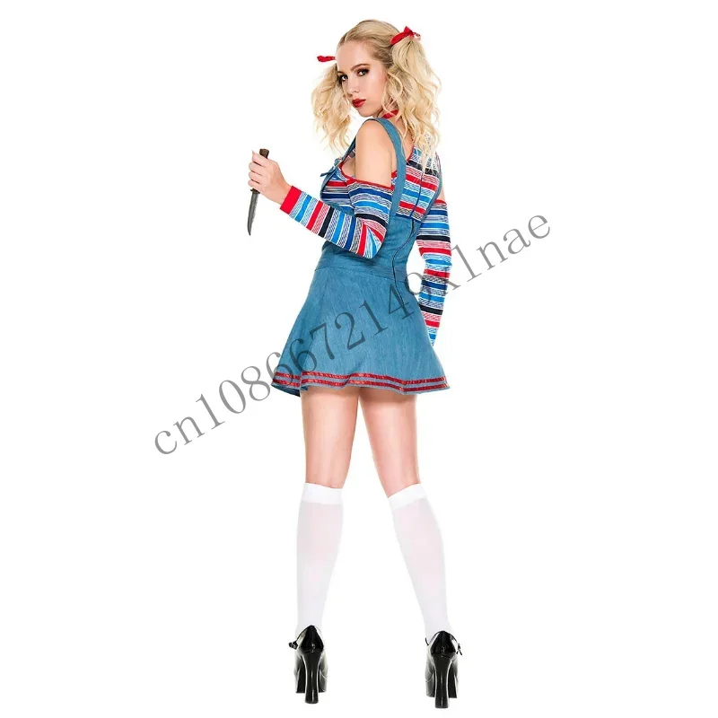 ฮาโลวีนสําหรับผู้หญิงน่ากลัว Nightmare Killer เล่นตัวละครภาพยนตร์ Bodyskirt Chucky ตุ๊กตาชุดเครื่องแต่งกายชุดเกม CMM