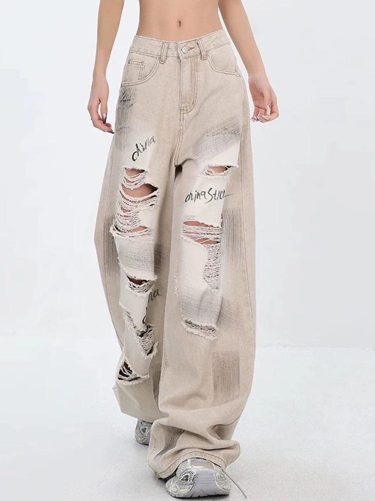 Summer New Basic High Waist Street Women Jeans Chic Hollow Out Fashion Letter Printing Loose Casual Simple Female Wide Leg Pants