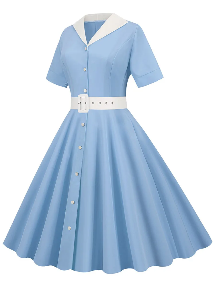 Vintage skręcić w dół kołnierz niebieska letnia sukienka dla kobiet elegancka, z krótkim rękawem solidna biurowa sukienka Midi Sundress-line wysoka talia