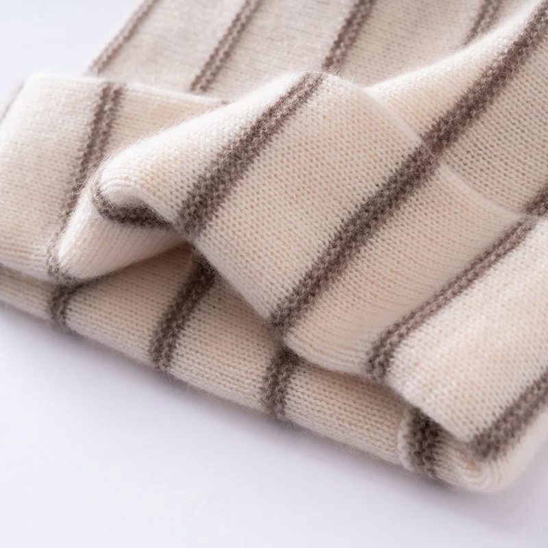 Cashmere Material Winter Hat for Women Outdoor Striped Double-layer Beanie Cap Casual Soft Warm Showing Face Knitted Cold Hat