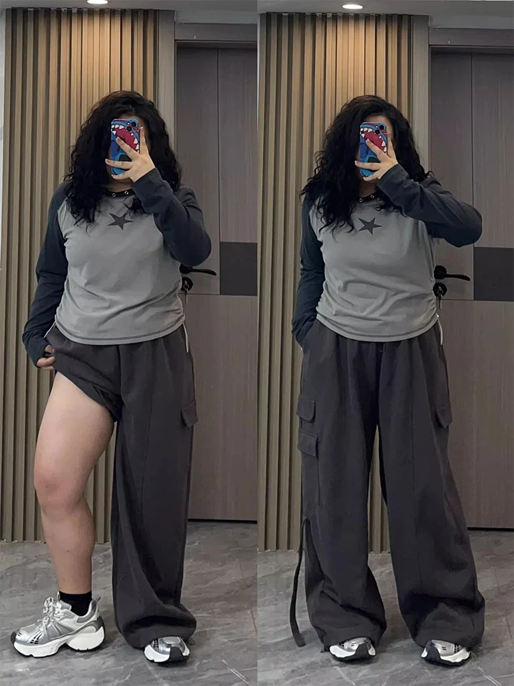 

Брюки с высокой талией свободного кроя в винтажном стиле для женщин больших размеров, прямые брюки из смесового полиэстера и хлопка, весенняя коллекция