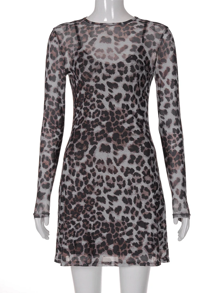 JULISSA MO Print Leopard Two Piece Sets Women Dress Sexy See Through Long Sleeve Dress Female Autumn Slim Elegant Party Clubwear