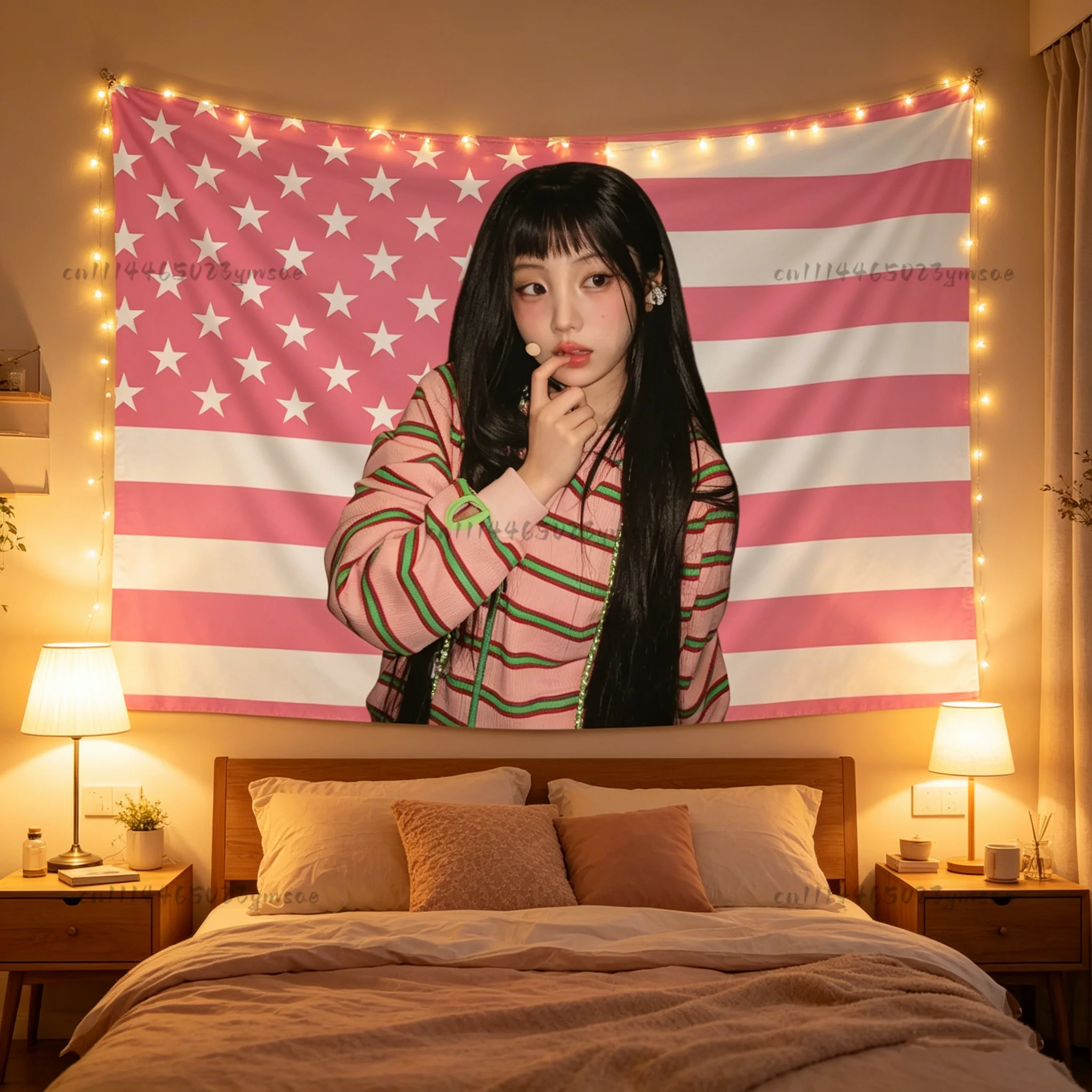 Kpop Poster W-Wonhee Pink American Flags Tapestry Headboard Aesthetic Indoor Wall Hanging Decor Kpop Fans Gifts Concert Banners