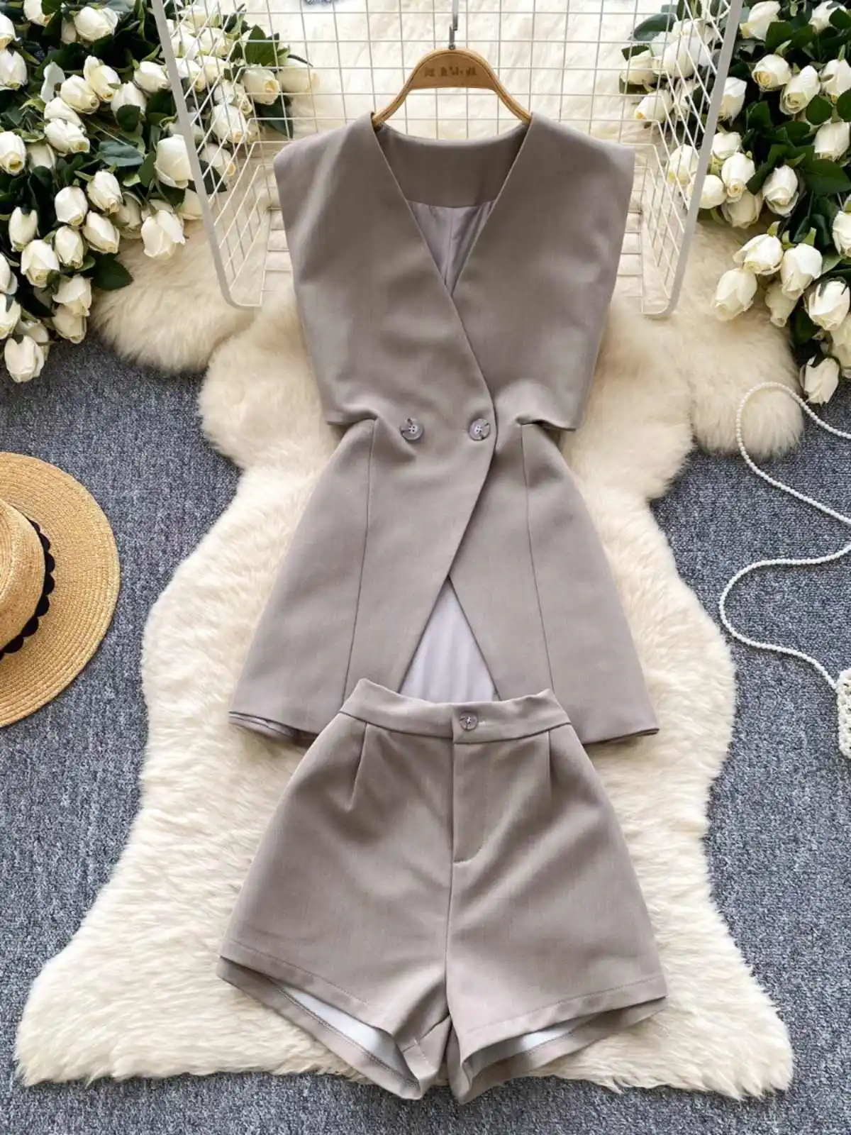 Women's Two Piece Suit Sleeveless Crop Top with Shorts Harajuku Vintage Office Ladies Shorts Sets Outfits 2000s Vintage Clothes
