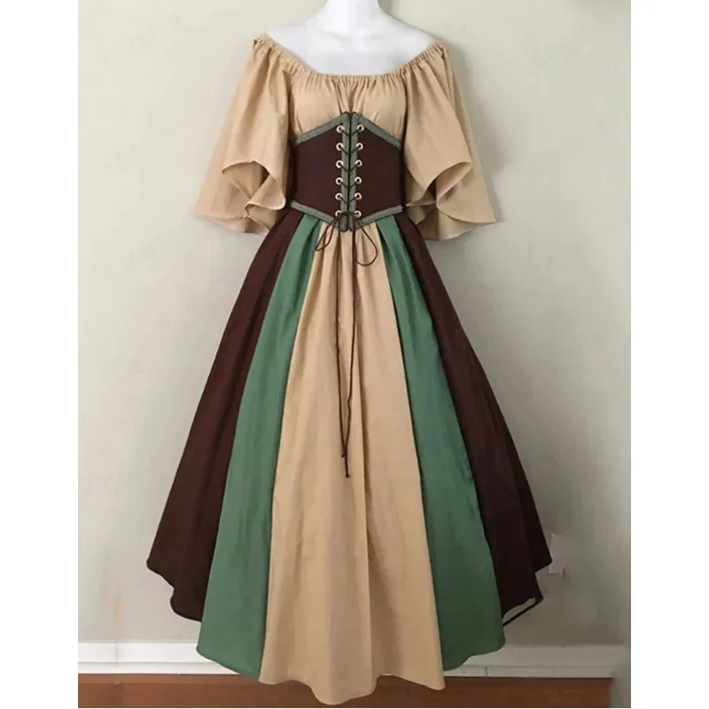 qq38 폭발적인 인기 드레스 유럽 및 미국 중세 레트로 궁전 스타일 스티칭 플라잉 슬리브 레이스업 허리 원숄더 코스프레 드레스