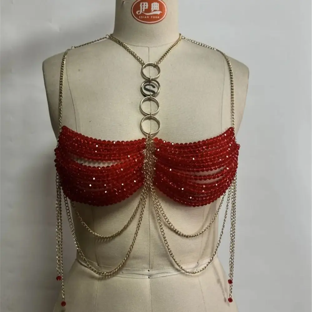 Baroque-Style Multi-Layer Beaded Body Chain Fringe Halter Necklace With Openwork Design Party-Ready Edgy Top For Hot Girls