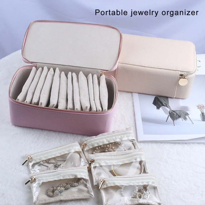 Elegant Travel Jewelry Case With 12 Velvets Zippers Pouches PU Leather Earrings Necklaces Accessories Holder