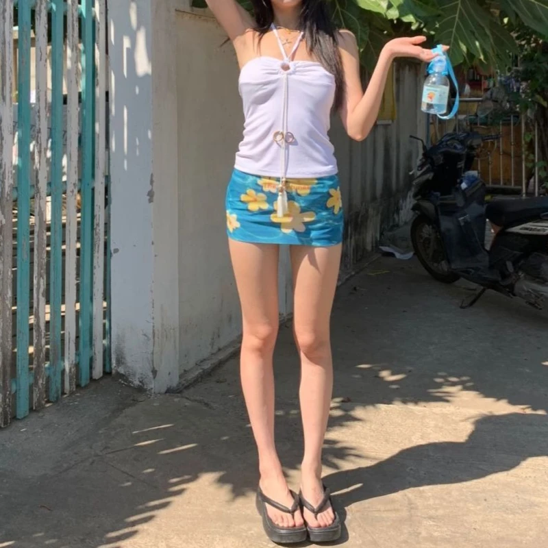 Women's Yellow Flowers Print Pattern Thin Skirt Summer Sweet Slim Girl Casual Bottoms Female Beach Vacation Sexy Mini Skirts
