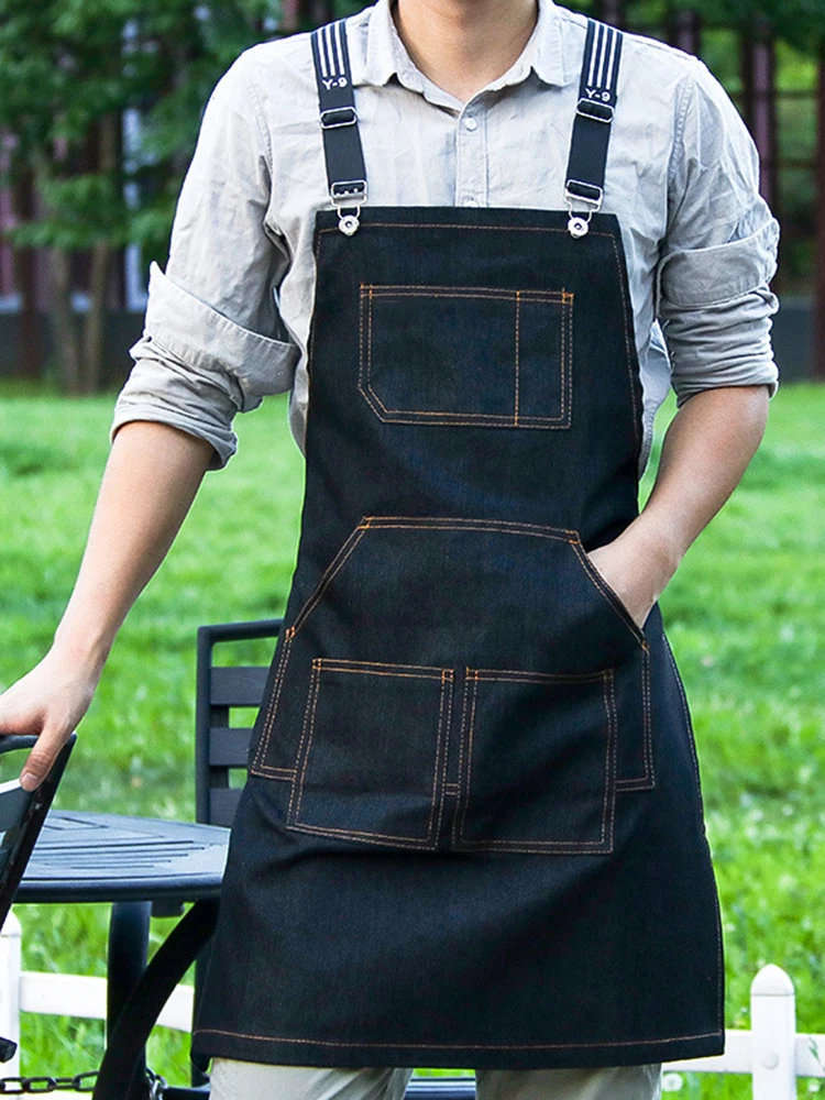 Hairstylist Denim Apron With Wide Shoulder Straps Comfortable Workwear Casual Fashionable Stain Resistant Men and Women Apron