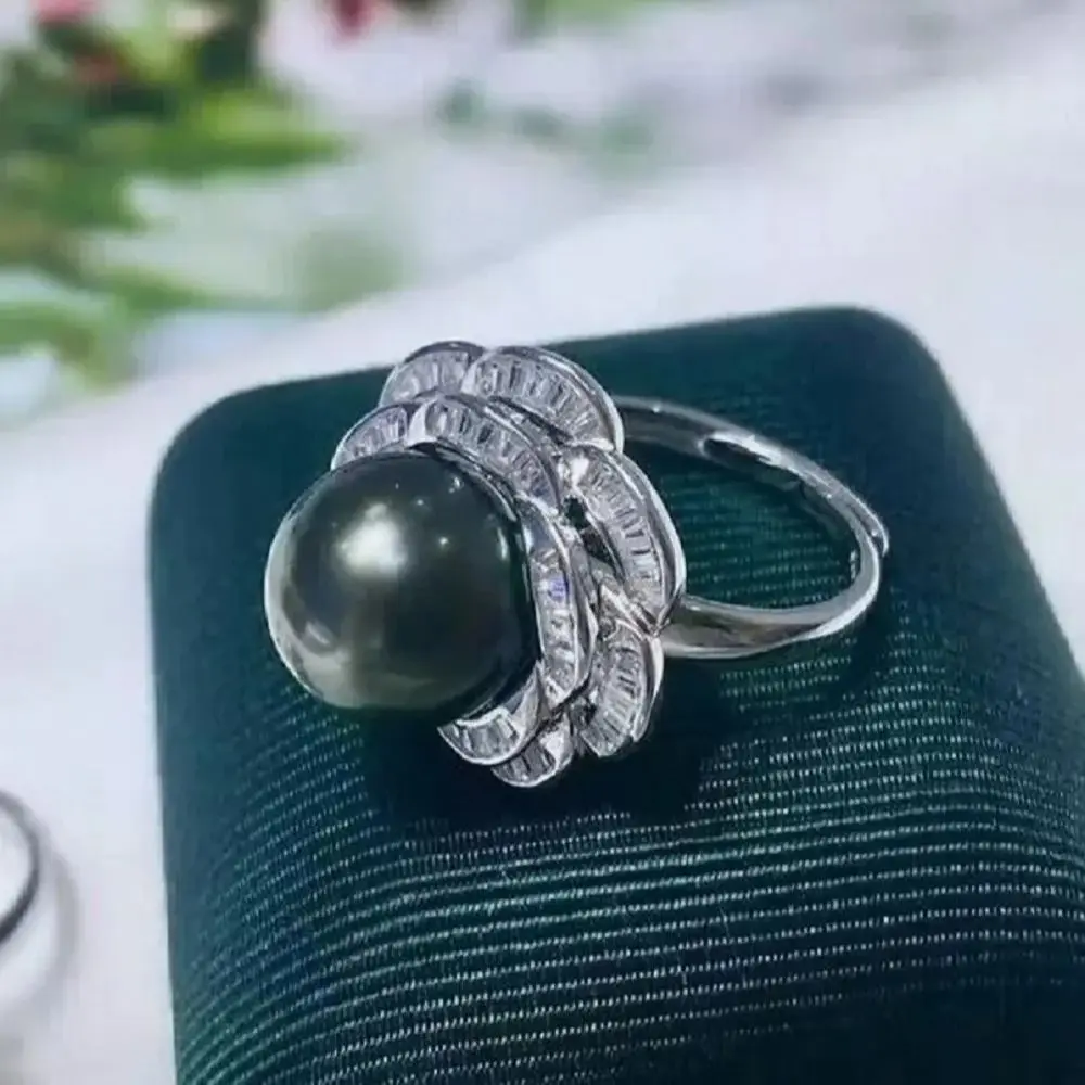 Pearl Ring 10-11m Natural  Amazing Tahiti Round Black Green 925s Freeshippings Items