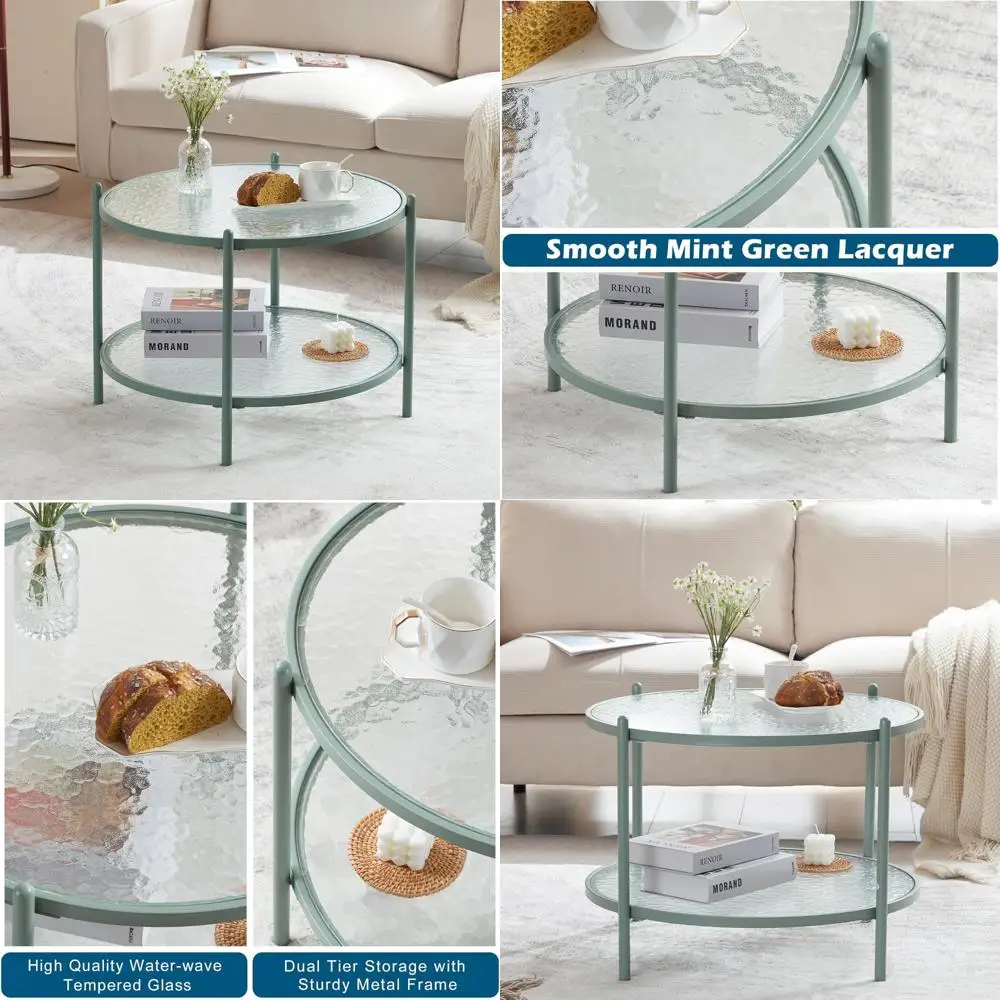 

Small Bright Green Round Glass Coffee Table with Water-Wave Design and 2-Tier Modern Storage