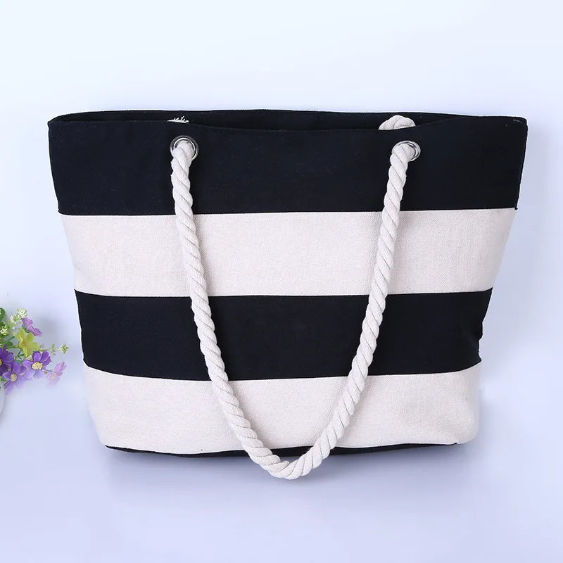 Bolso de lona de retales a rayas de cuerda de cáñamo grueso para mujer, Tote de lona portátil práctico de gran capacidad para compras de ocio y turismo