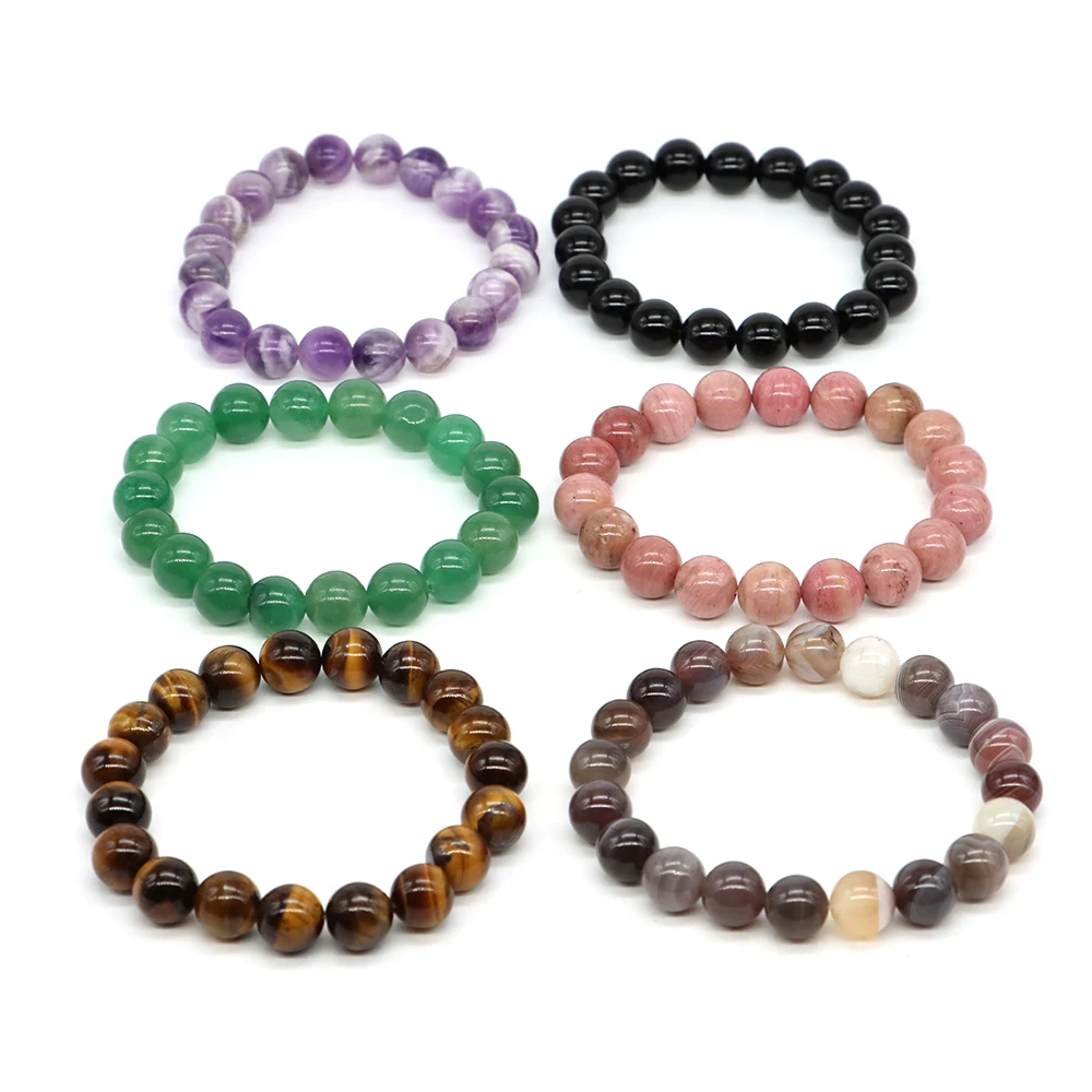 1pc Polished Round Beads Bracelet Natural Stones Tiger Eye Volcanic Lava Amethyst Healing Crystal Wrist Chain Women Men Jewelry