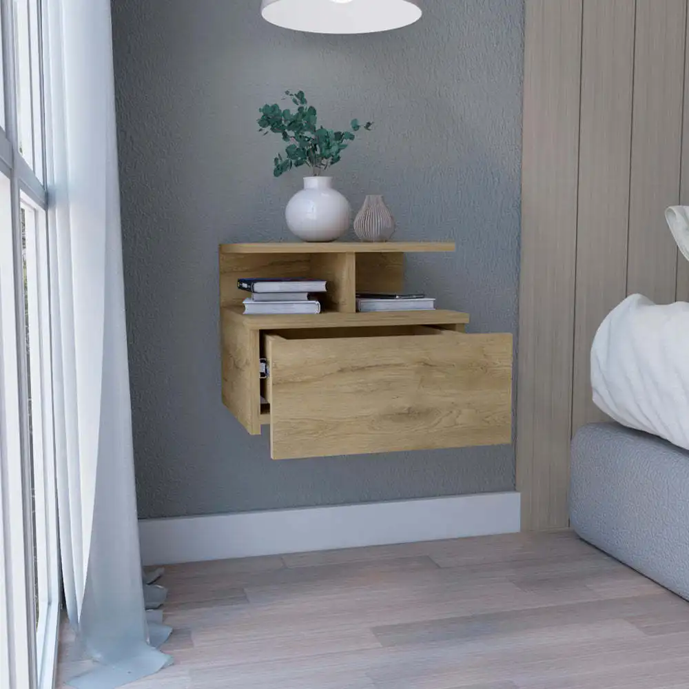 Floating Nightstand 12"H Wall Mounted with Single Drawer and 2-Tier Shelf Macadamia