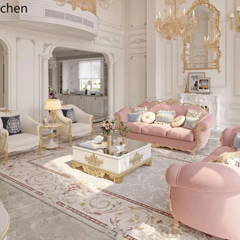 

HTT fabric sofa combination solid wood living room carved pull buckle sofa simple European light luxury furniture