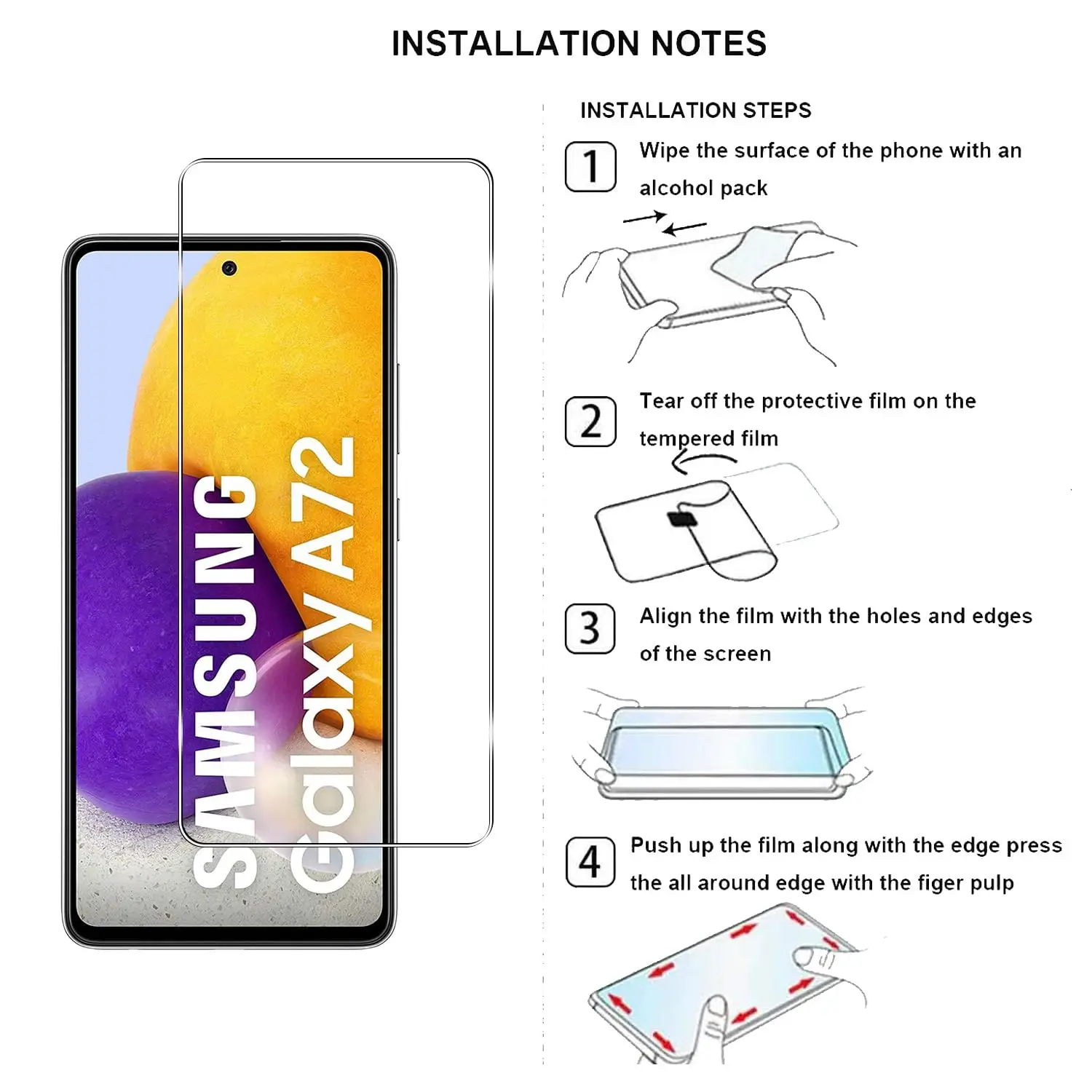 Protector de pantalla para Samsung Galaxy A72, vidrio templado de alto aluminio 9H HD, funda transparente amigable