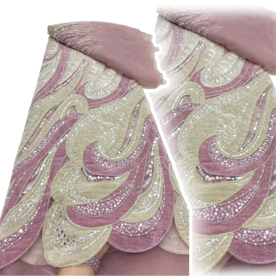 

Горячая оптовая продажа, роскошная 3D нигерийская бархатная кружевная ткань ручной работы с бисером, африканский тюль, вышивка блестками, французская сетка для платья A1185