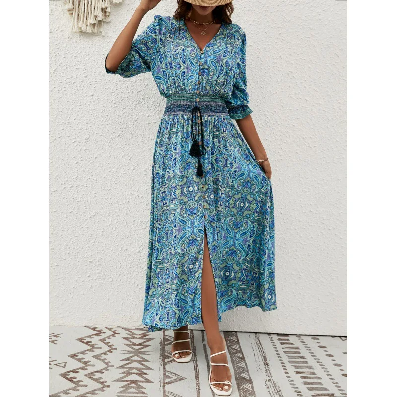 New Fashion Women Dresses V Neck Print Seven Minute Sleeve Drawstring Waist Dress Holiday Button Dresses For Women 2025