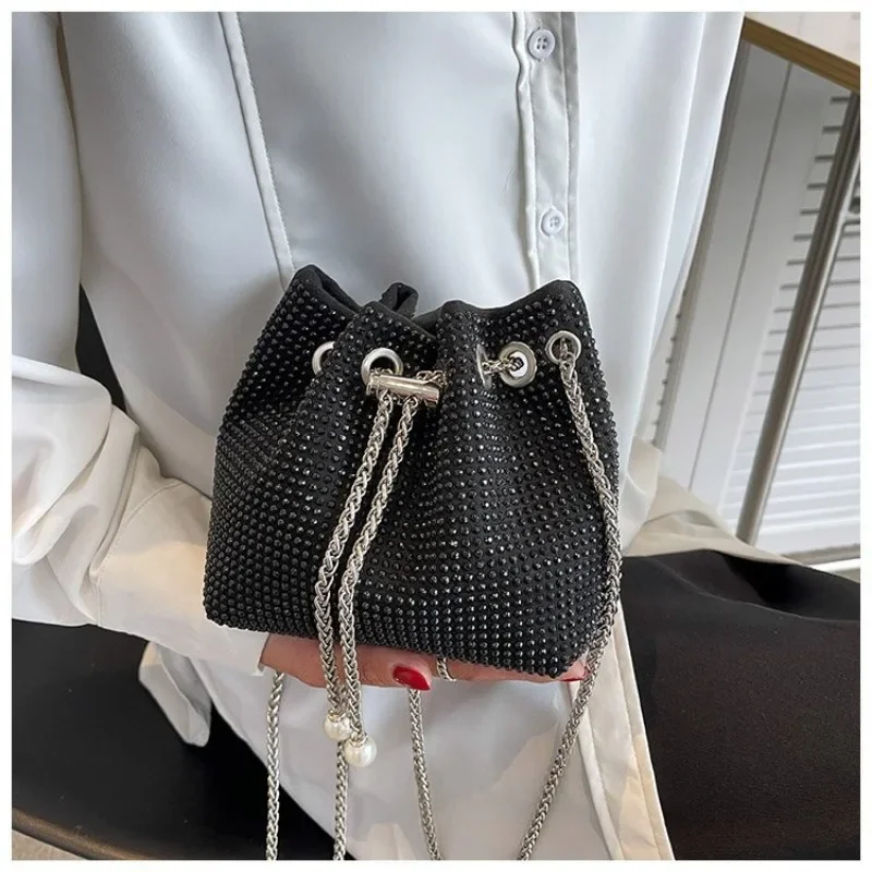 New Internet Celebrity Full Diamond Bag Women\'s Bag with Diamond Messenger  Small Gold Ball Chain Cylindrical Small Bag Tide