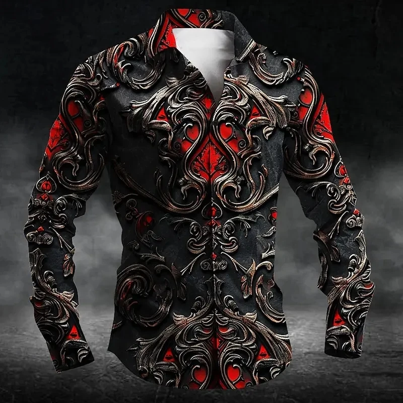 Retro new men's casual long sleeved button up shirt, 3D printed with artistic patterns, fashionable and comfortable lapel street