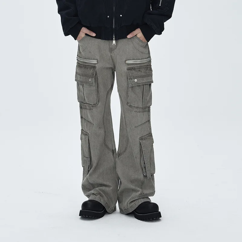 

American High Street Heavy Industry Multi-pocket Cannonball Jeans Men's Trendy Street Zipper Design Casual Tooling Trousers