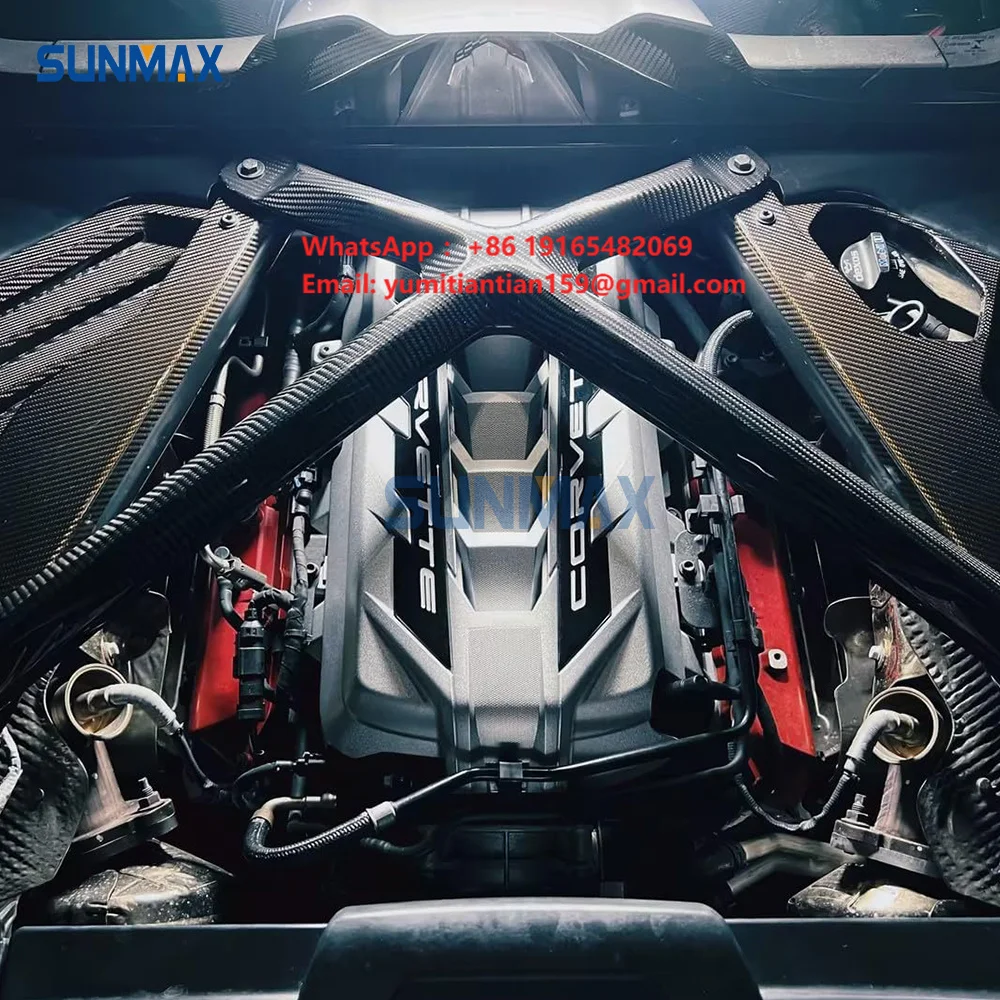 Sunmax for Corvette C8 Z51 Z06 Z07 Front Bonnet Struts X Brace Strips Engine Cover X Strut Carbon Fiber Car Body Parts