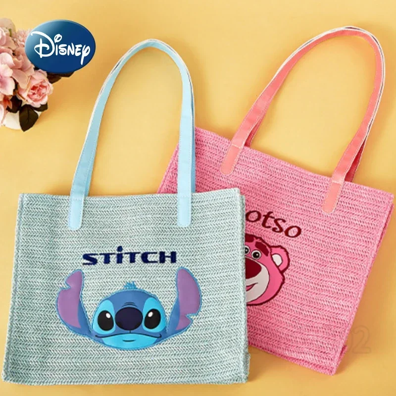 Disney Stitch New Grass Woven Bag Luxury Brand Original Women's Handbag Cartoon Cute Women's Shoulder Bag Large Capacity