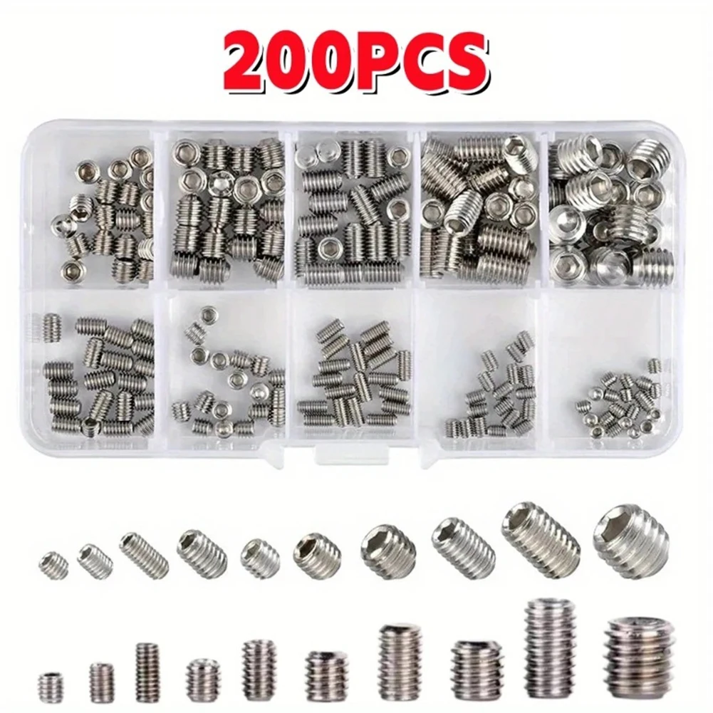 200pcs Metric Stainless Steel Socket Head Hex Cup Point Screws Assortment Kit High Efficiency Tool Accessories