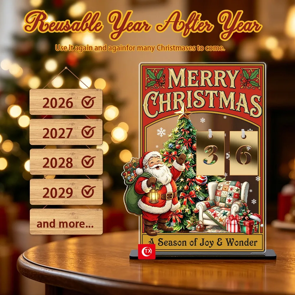 Vintage Santa Acrylic Tabletop Calendar, Adjustable Perpetual Xmas Decor with 0-9 Number Cards, Christmas Desktop Ornament