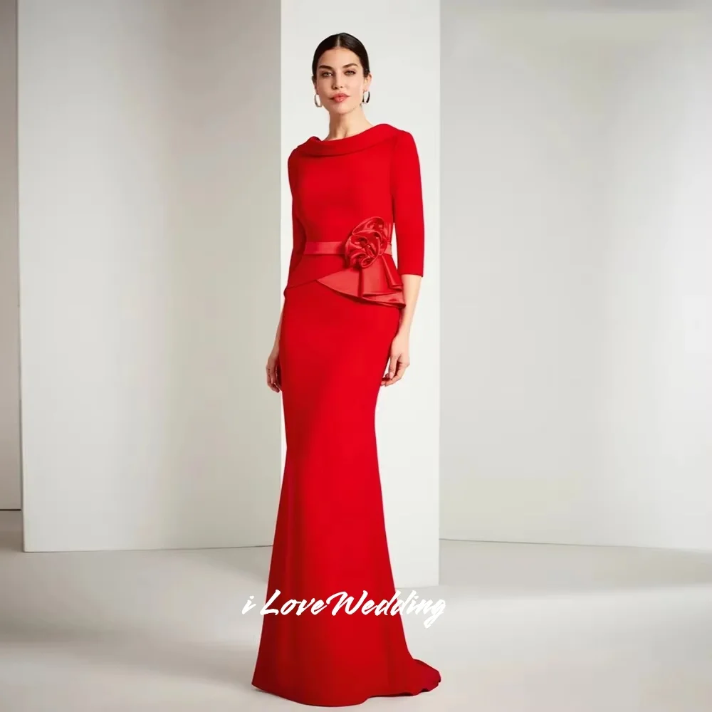 Rote Abendkleider mit O-Ausschnitt 2022, Satin, halbe Ärmel, Blumen, rückenfrei, Meerjungfrau, bodenlang, plissiert, Hochzeitskleid, individuell gestaltet