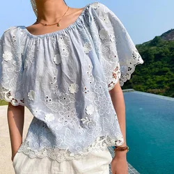 Off The Shoulder Floral Embroidered Boho Top 3D Floral Embellishment Vacation Small Blouse Summer New in Eyelet Women Clothing