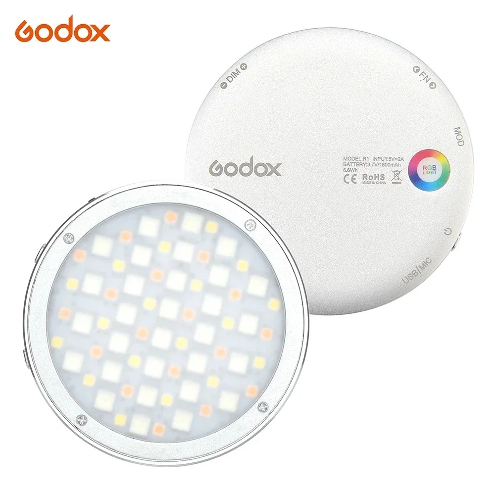 Godox R1 Round RGB Mini Creative Light LED Video Light Fill Light 2500K-8500K CRI 98 for Video Recording Microfilms Still Life