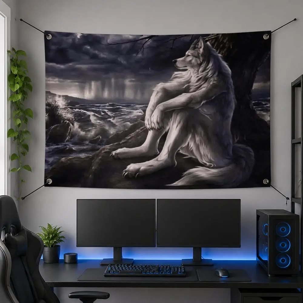 Art E-Emo Sitting Werewolf Flags Flag Banner for Bedroom Dorm Party Home Living Room Game Room Gift
