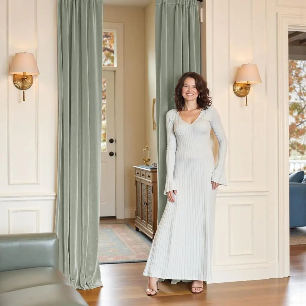 ستائر مخملية معزولة حراريًا 108 فاخرة باللون الرمادي المريمية، مجموعة مكونة من لوحتين لغرفة النوم/غرفة المعيشة